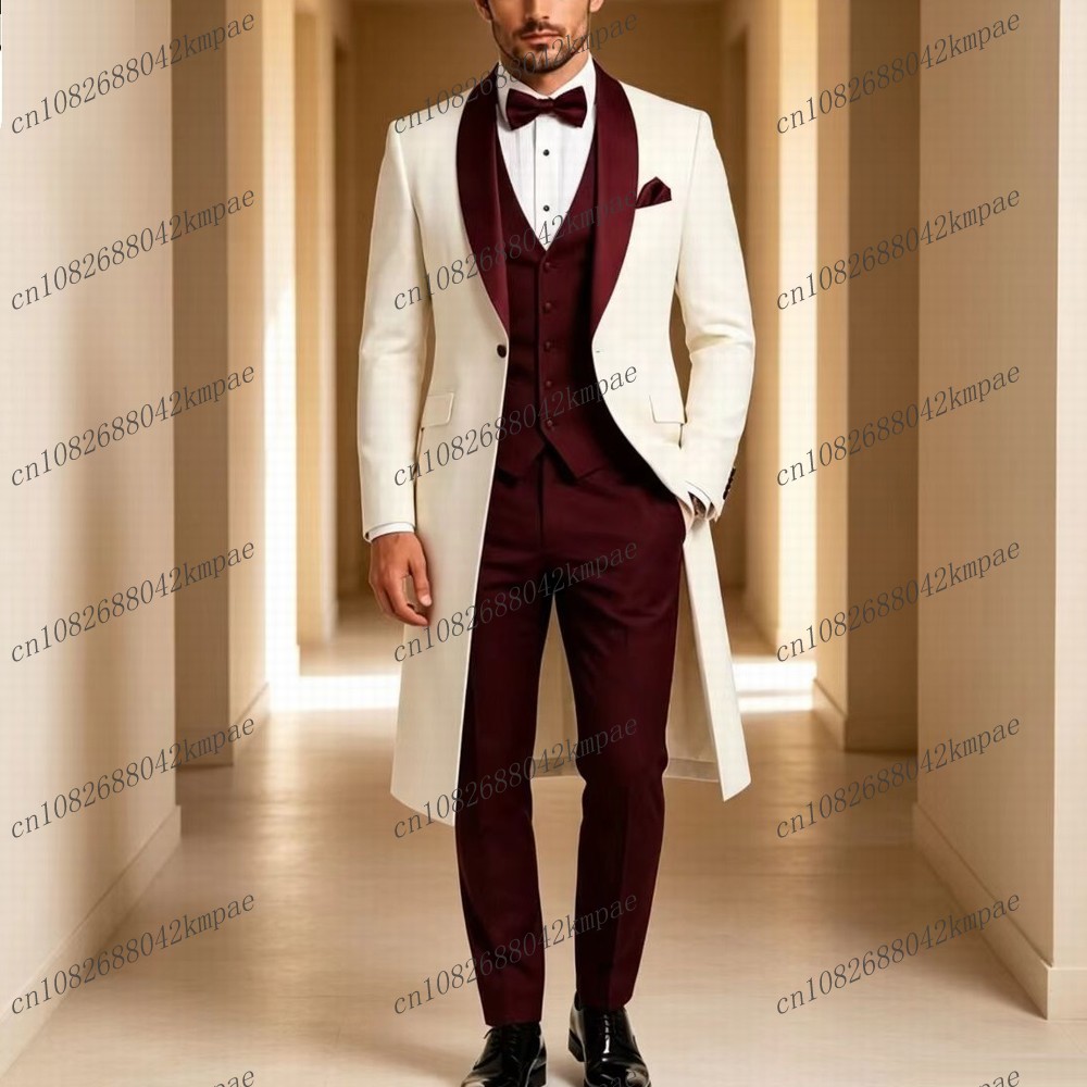 Men'S Grooming Jacket - White And Burgundy Long Blazer Formal
