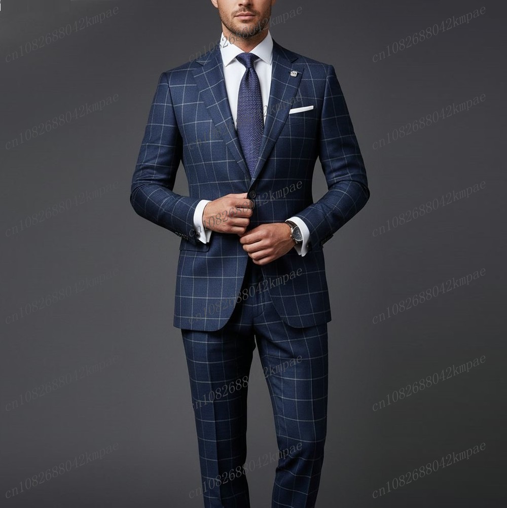 New Navy Blue Plaid Men Suit G - Men'S Grooming Jacket review and price